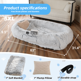 Human Dog Bed, Large Size Fits You and Pets, Washable Faux Fur Dog Bed for People Doze Off, Napping Orthopedic Dog Bed, Present Plump Pillow, Blanket (Color: Gray, size: 5XL(63"L ×31.4"W ×9.5"Th))